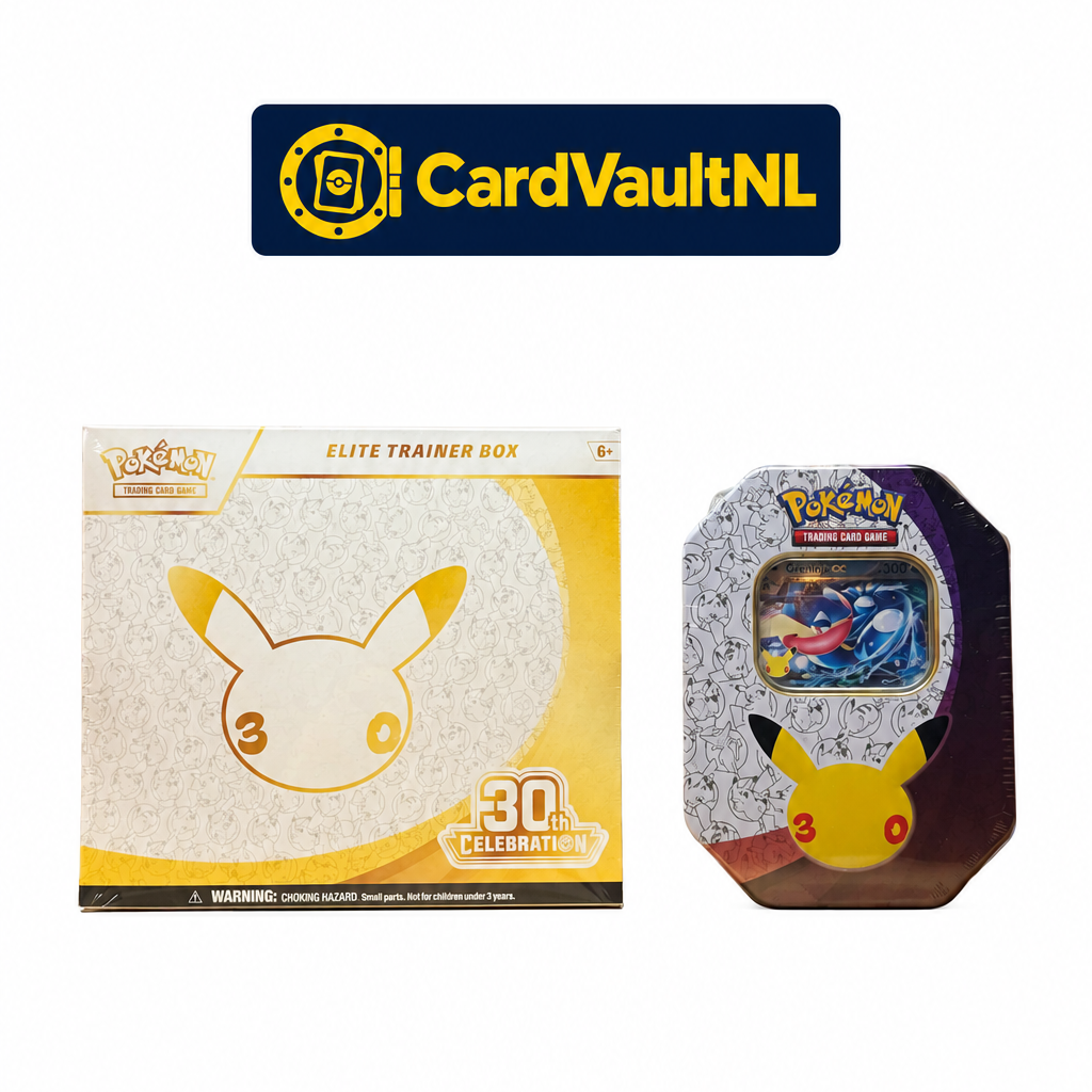 Pokémon 30th anniversary ETB &  TIN bundle met CardVaultNL-logo